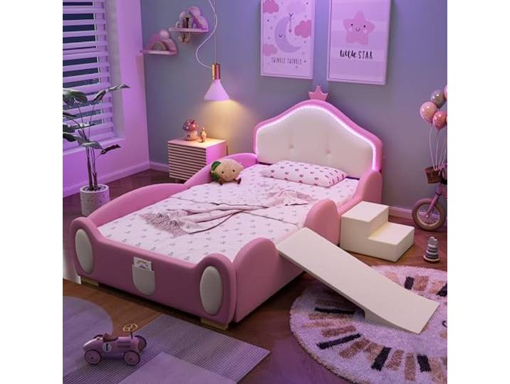 Crown Cartoon Bett mit mehrfarbigem Multi-Mode-LED-Streifen, Polsterbett, Kinderbett mit kleiner Rutsche und Treppe, mit schützenden weichen Kanten, mit Holzlatten, PU, Rosa + Beige, 90x200cm