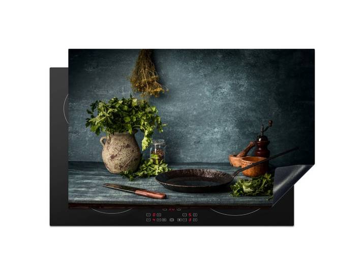 HERDABDECKPLATTE Kräuter - Gewürze - Pfanne - Messer - Grau - Rustikal Abdeckung Ceranfeld 81.2x52 cm
