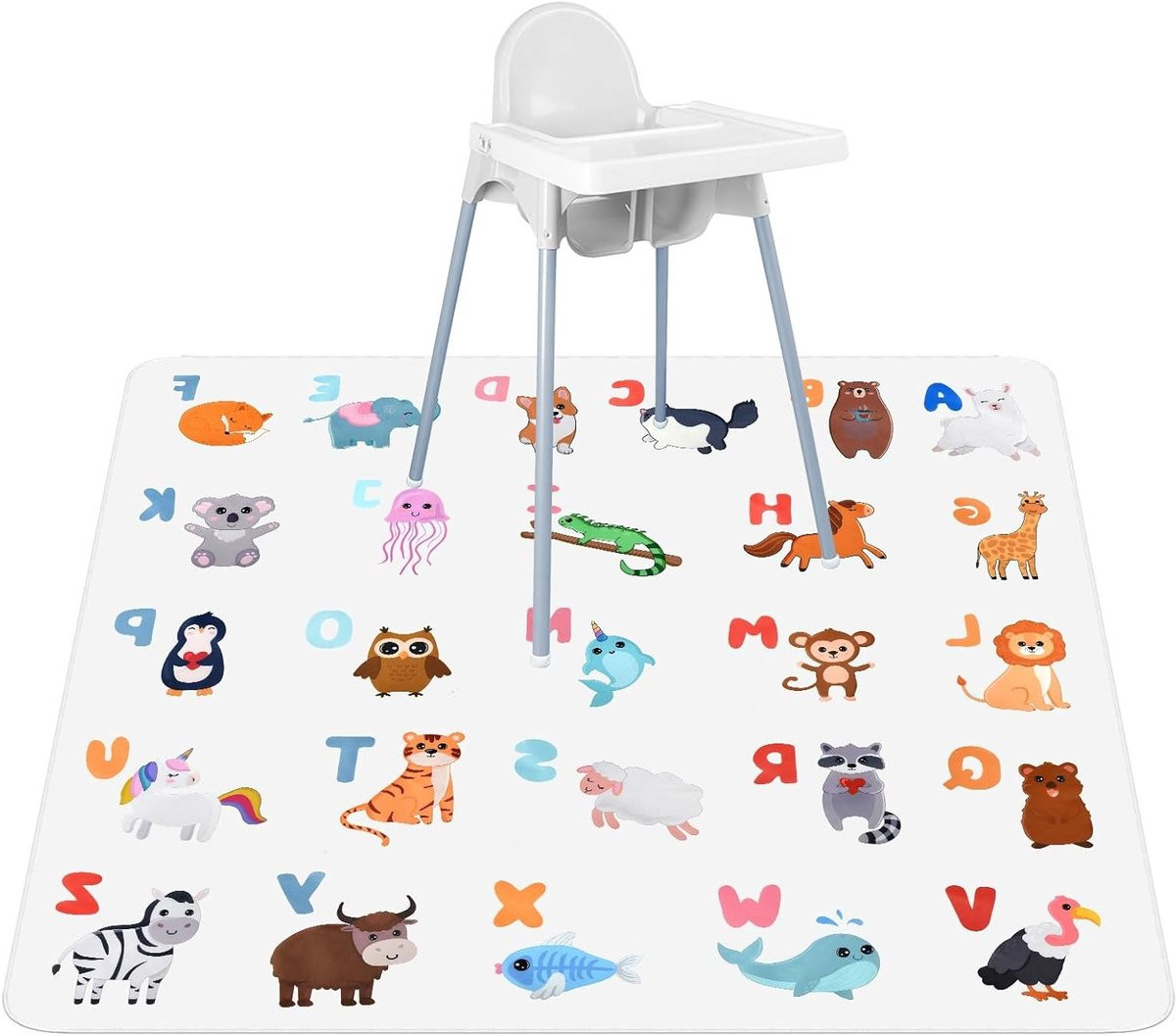 Waterdichte Splash Mat voor onder de kinderstoel met dierlijke alfabetprint, antislip en wasbaar, polyester