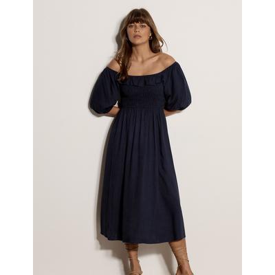 Maxikleid APRICOT "Langes Kleid mit Bardot-Ausschnitt", Damen, Gr. XL (42), N-Gr, blau (navy), gewebt, Obermaterial: 83% Viskose CV. 17% Leinen LI., uni, Puffärmel, Kleider Maxikleid, mit Raffungen