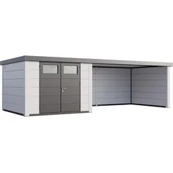 Telluria Metallgerätehaus Classico 3030 mit Lounge Anbau (ca. 450 cm Breite) weiß Lounge-Anbau rechts