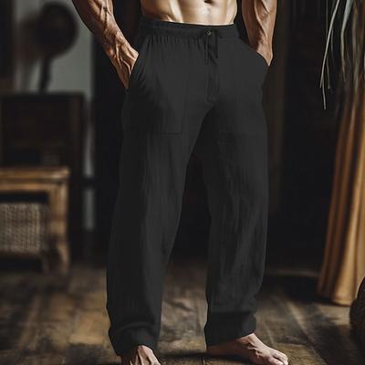 Herren Leinenhosen Hose Sommerhose Baggy-Hosen Elastischer Bund Gerader Schnitt Einfach Komfort Atmungsaktiv Volle Länge Lässig Täglich Ferien Mode Klassicher Stil Lässiger Schnitt Schwarz Hellgrün