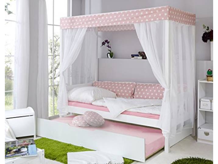 TiCAA Himmelbett Rosa 310 Kiefer Weiß (Rosa/Weiß Stern)