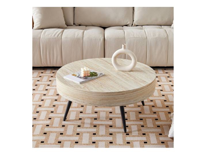 Odikalo Couchtisch Beistelltisch Kaffeetisch couchtisch rund (Runder Kaffeetisch mit 70 cm Durchmesser in heller Travertin-Holzoptik (MDF) & schwarzen Metallbeinen. Minimalistisches Design, ideal für Wohnzimmer und kleine Räume)