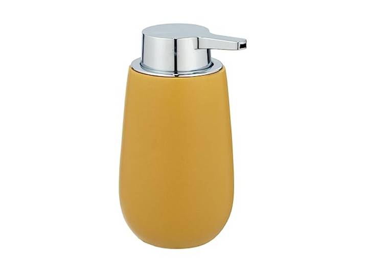 WENKO Seifenspender Badi, nachfüllbarer Flüssigseifenspender aus hochwertiger Keramik mit Matter Oberfläche, Pumpkopf aus robustem Kunststoff, Füllmenge 320 ml, 9,5 x 16 x 8 cm, Gelb