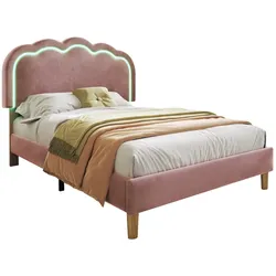 Polsterbett 90x190 cm mit LED-Beleuchtung und verstellbarem Kopfteil – Rosa Samt, modernes Design für Schlafzimmer