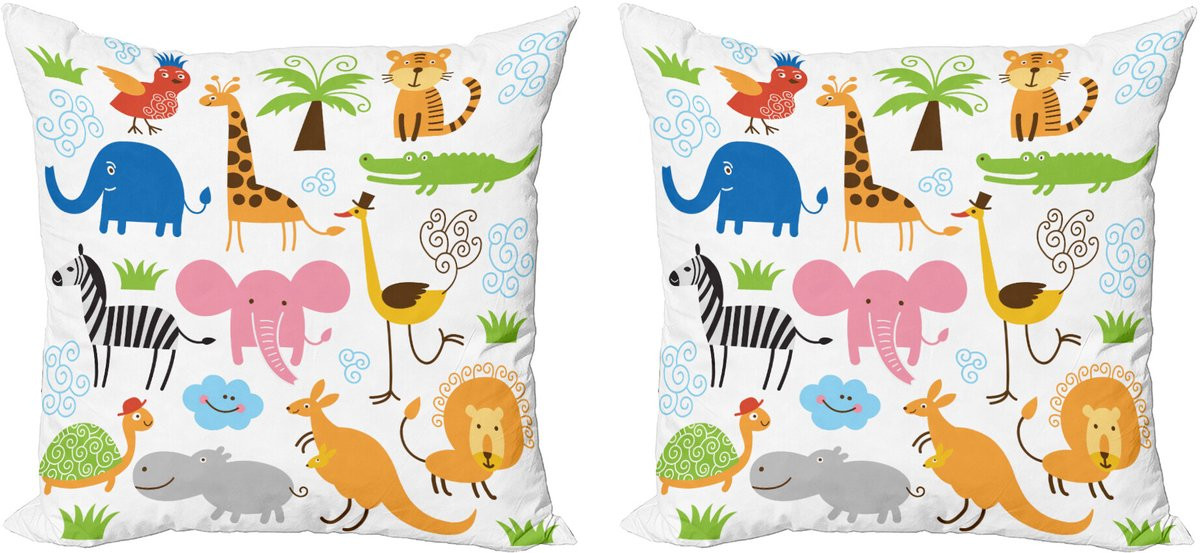ABAKUHAUS Set van 2 Dier Sierkussenhoezen met Safari Giraffe en Olifant Print, Meerkleurig, 40 x 40 cm