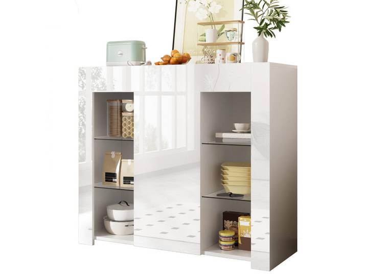 Flieks Buffet 95x35x83 Weiß Hochglanz Glasregale Schranktür, 35x83x95 cm, Esszimmer, Anrichten