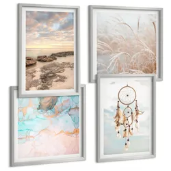 BILDER SET 4er Set - 50x50 cm & 40x60 cm Silberner Rahmen - Wolkenmeer, Traumfänger, Gras