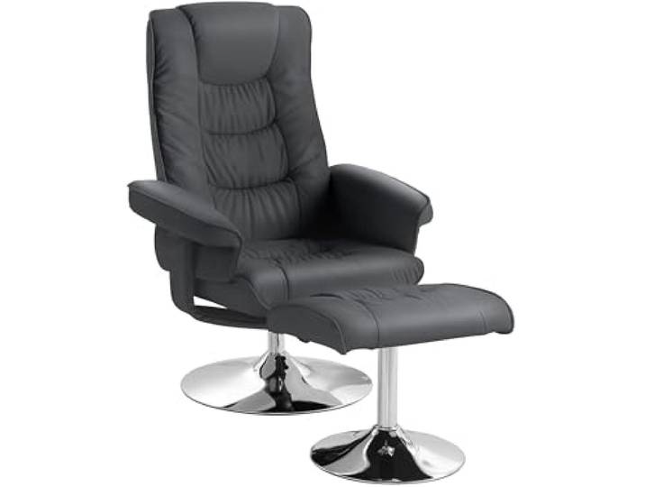 möbelando Relaxsessel >Kjersti< drehbar, mit Fußhocker in Schwarz, Kunstleder, verchromter Metallfuß, Relaxfunktion, pflegeleicht, modernes Design, bequem gepolstert, Sessel = 79x109x79cm (BxHxT)