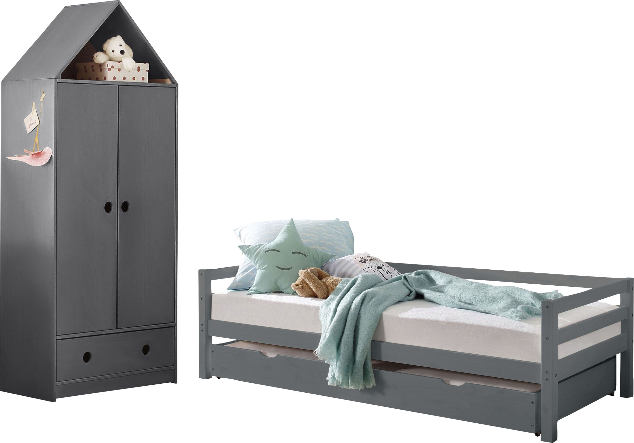 Jugendzimmer-Set GOODPRODUCT "Alpi", grau, Schlafzimmermöbel-Sets, Jugendzimmer-Set, Daybed mit 2. Liegefläche + Kleiderschrank in Hausoptik, platzsparend grau Einheitsgröße