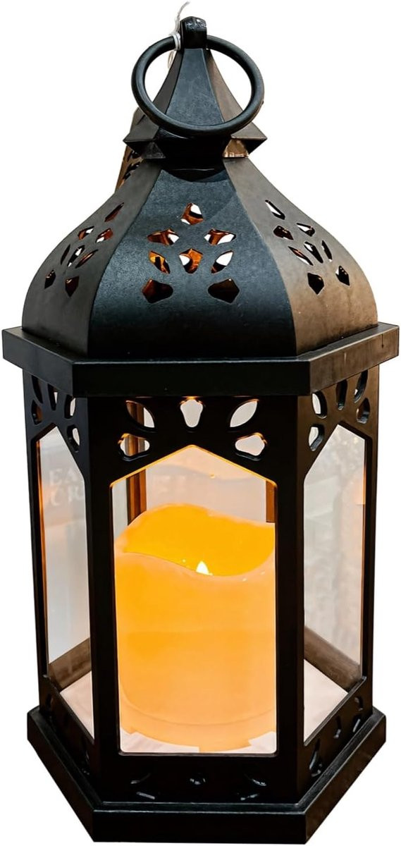 Decoratieve Campinglantaarn Zwart - Glazen Kandelaar met Handvat - 15 x 28,5 cm