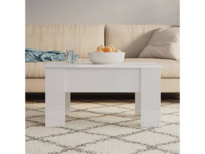 Couchtisch Hochglanz-Weiß 79x49x41 cm Holzwerkstoff mit verstellbarer Höhenverstellbare Platte, verstecktes Fach, pflegeleichte Oberfläche, stabil, feuchtigkeitsbeständig, vielseitig nutzbar
