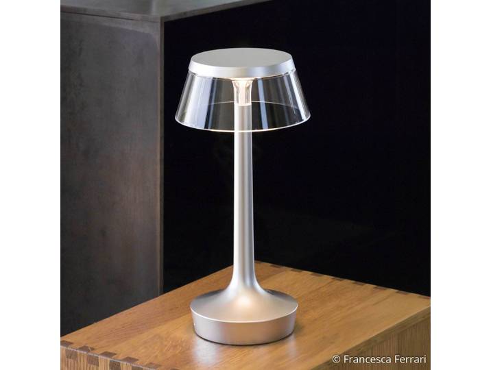 FLOS Designer Tischlampe Bon Jour Unplugged, dimmbar, alu / grau / zink, für Wohn- / Esszimmer, Kunststoff, Design