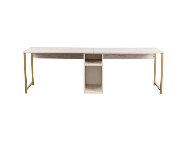 Bureau double avec rangement central effet travertin, piètement doré