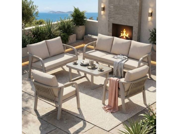 Mobilier de jardin ensemble lounge pour 7 personnes canapé 3 places banquette 2 places 2 fauteuils et 1 table basse avec