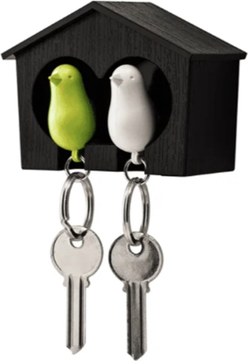 Qualy Duo Sparrow Sleutelhouder Vogelhuisje Zwart Wit Groen B/D/H: 7.15 x 9.55 x 4.5 cm