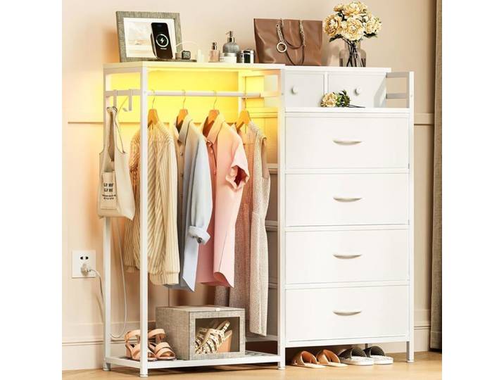 Commode Chambre LED Avec Prise 4 Grands Tiroirs + 2 Petits Tringle À Vêtements Meuble Rangement Tissu