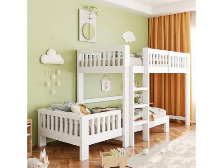 BXEYXE Modulares Massivholz Kinderbett‑Set 90x200 cm,Hochbett + Einzelbett frei kombinierbar, vielfältige Aufbauvarianten, Absturzsicherung, abgerundete Kanten, Geschwister‑Kinderzimmer, Weiß