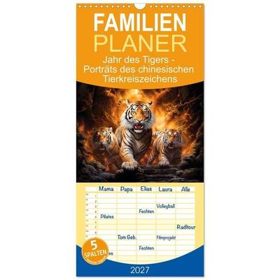 Familienplaner 2027 - Jahr des Tigers - Porträts des chinesischen Tierkreiszeichens mit 5 Spalten (Wandkalender, 21 x 45 cm) CALVENDO