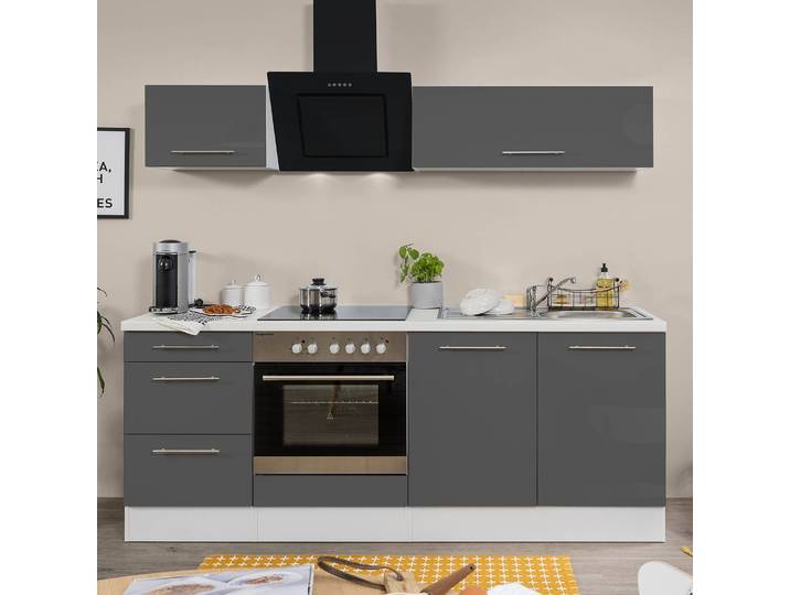 Cuisine Amanda I 210cm Gris/Gris brillant/Blanc
