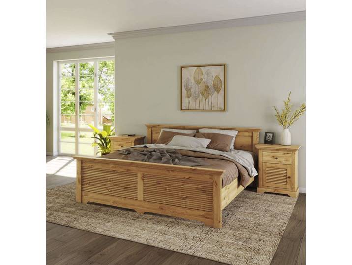 Bett GOODPRODUCT Rauna, Landhausstil, edles Design mit Lamellen und Kassetten, 2 Farben , beige (natur, natur, natur), B:195cm H:85cm L:206cm, Betten, Bett, FSC zertifiziertes Kieferholz, massive Qualität mit Lattenrost
