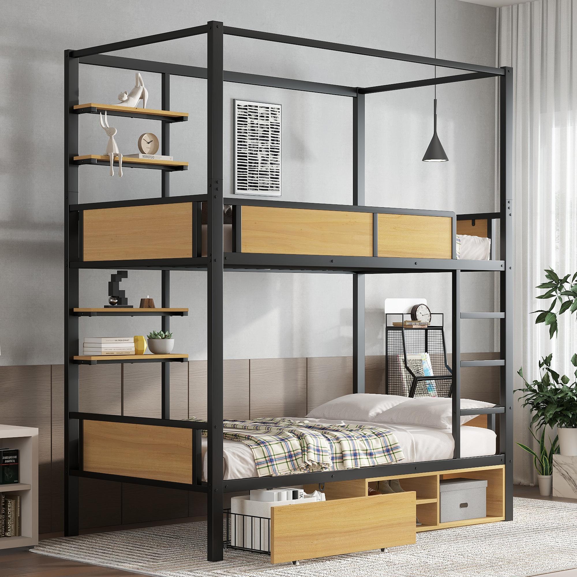 Etagenbett, Eisenbett, Eisen + MDF, Doppeltes Ablageboard an der Bettseite, Stauraum unter dem Bett, Bettvorhang kann am oberen Bett angebracht werden