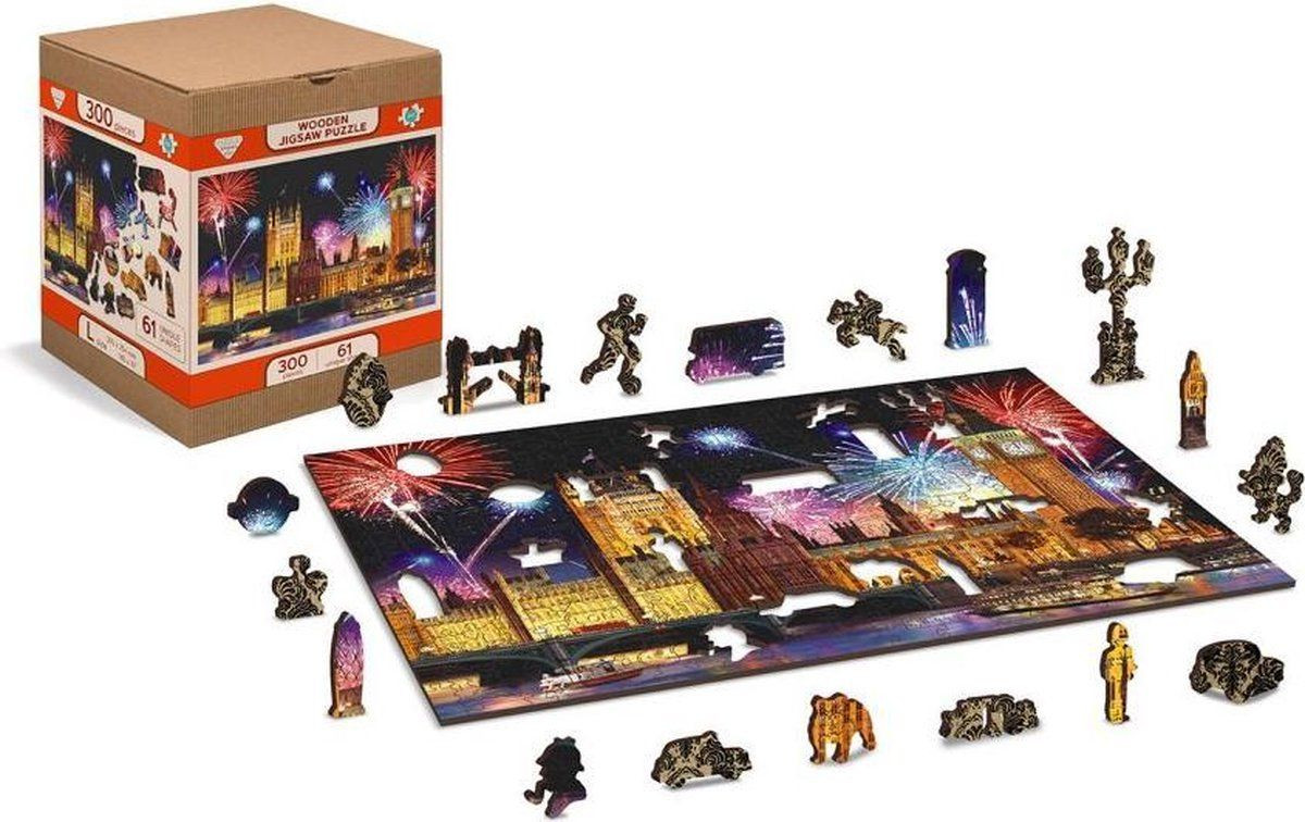 Wooden City London bij Nacht XL Houten Vormpuzzel - 600 stukjes - 52 x 38 cm