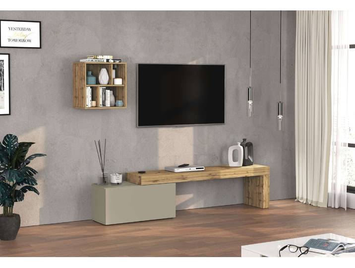 TV-Wand GOODPRODUCT Chronos TV-Set, Wohnwand – Elemente frei platzierbar, Made in Italy , braun (taube, eiche wotan), B:220cm H:190cm T:40cm, Kastenmöbel-Sets, TV-Wand, Lowboard Breite 220 cm, Hängeregal Breite 50 cm, Made in Italy