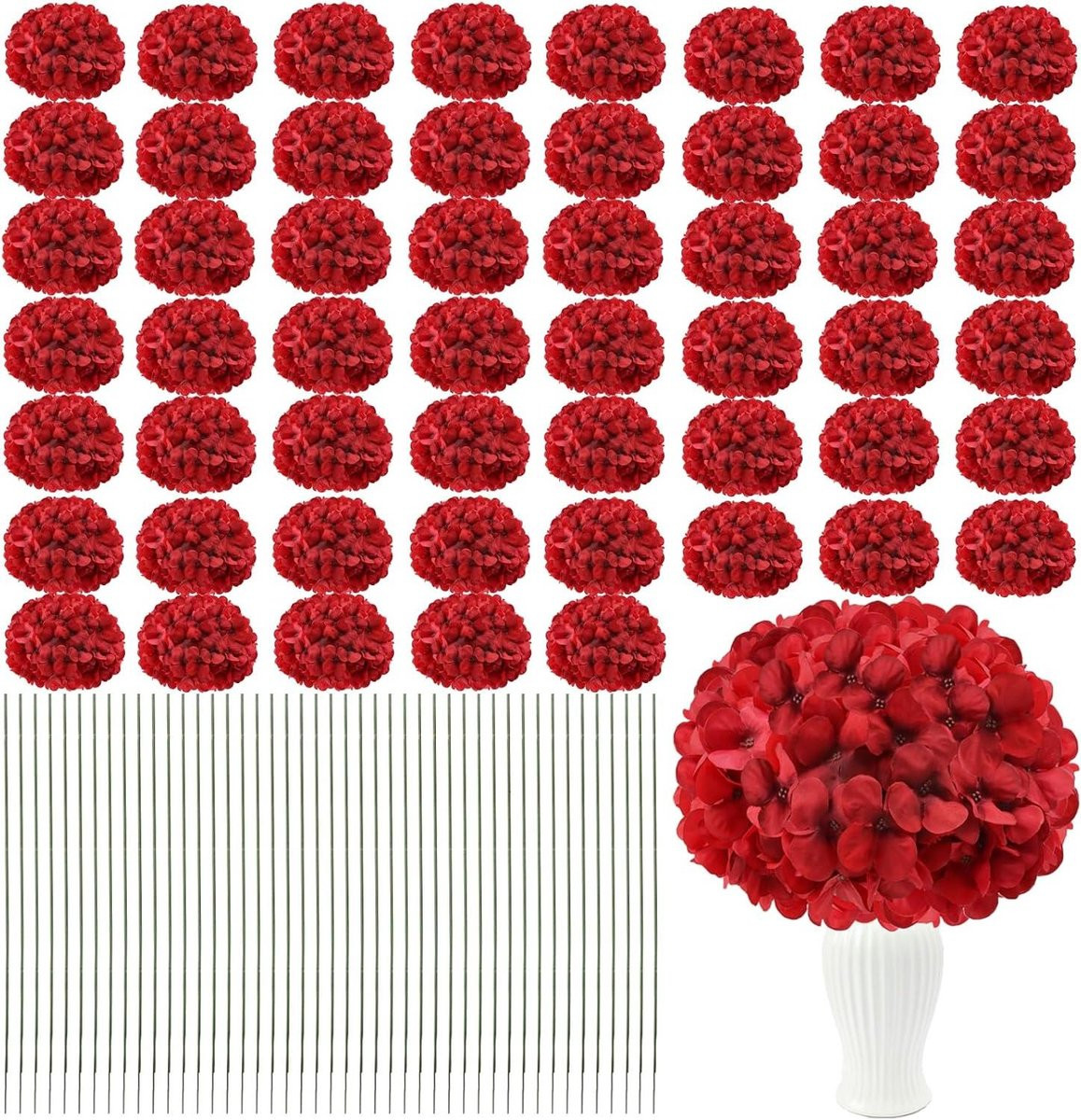 104 stuks Zijden Hortensia Bloemhoofden - Rood - Realistische Nepbloemen voor Bruiloft Decoratie
