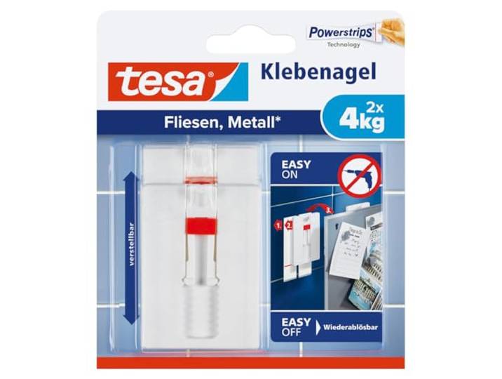 Tesa 77767-00000-00 Adjustable Adhesive Nail for Tiles & Metal, 4 kg, wit