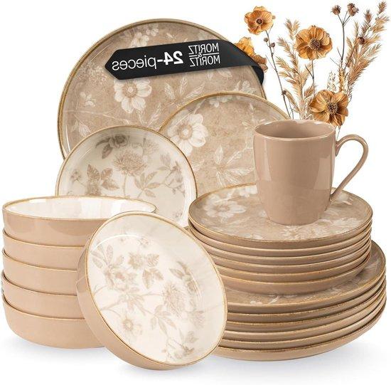 Serviesset aus Keramik - Essensset, Kombi-Set - Tischdecken - Blumenmuster-Design - 24 Teile - Beige