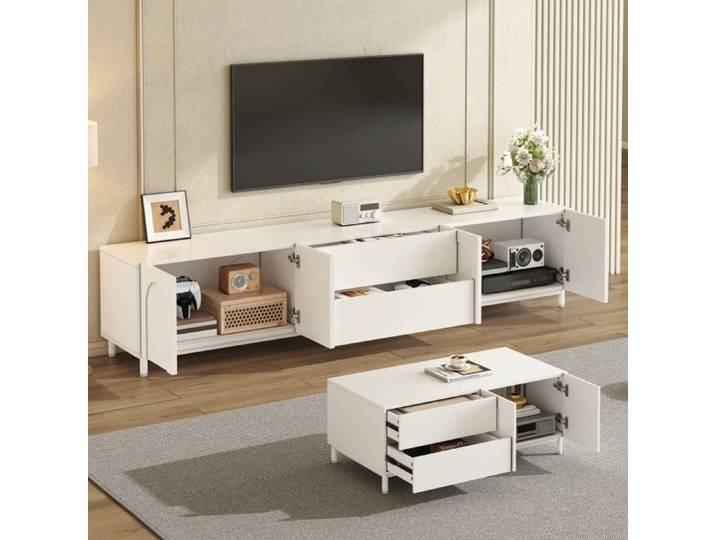 Ensemble salon blanc MDF: meuble TV 180×40×48cm + table basse 100×50×39 5cm portes cintrées pieds acier