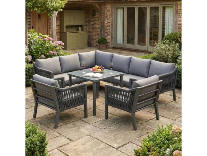 Canapé jardin convertible Ensemble repas de jardin pour 8 personnes en disposition d'angle cadre en fer galvanisé table en verre G