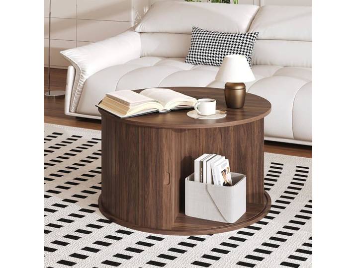Table basse ronde à porte coulissante Table basse ronde avec rangement finition bois noyer compartiments ouverts style moderne
