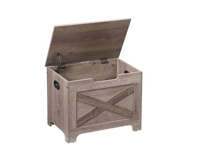 Coffre de rangement gris style fermier en bois avec charnière de sécurité banc de rangement multifonction pour entrée