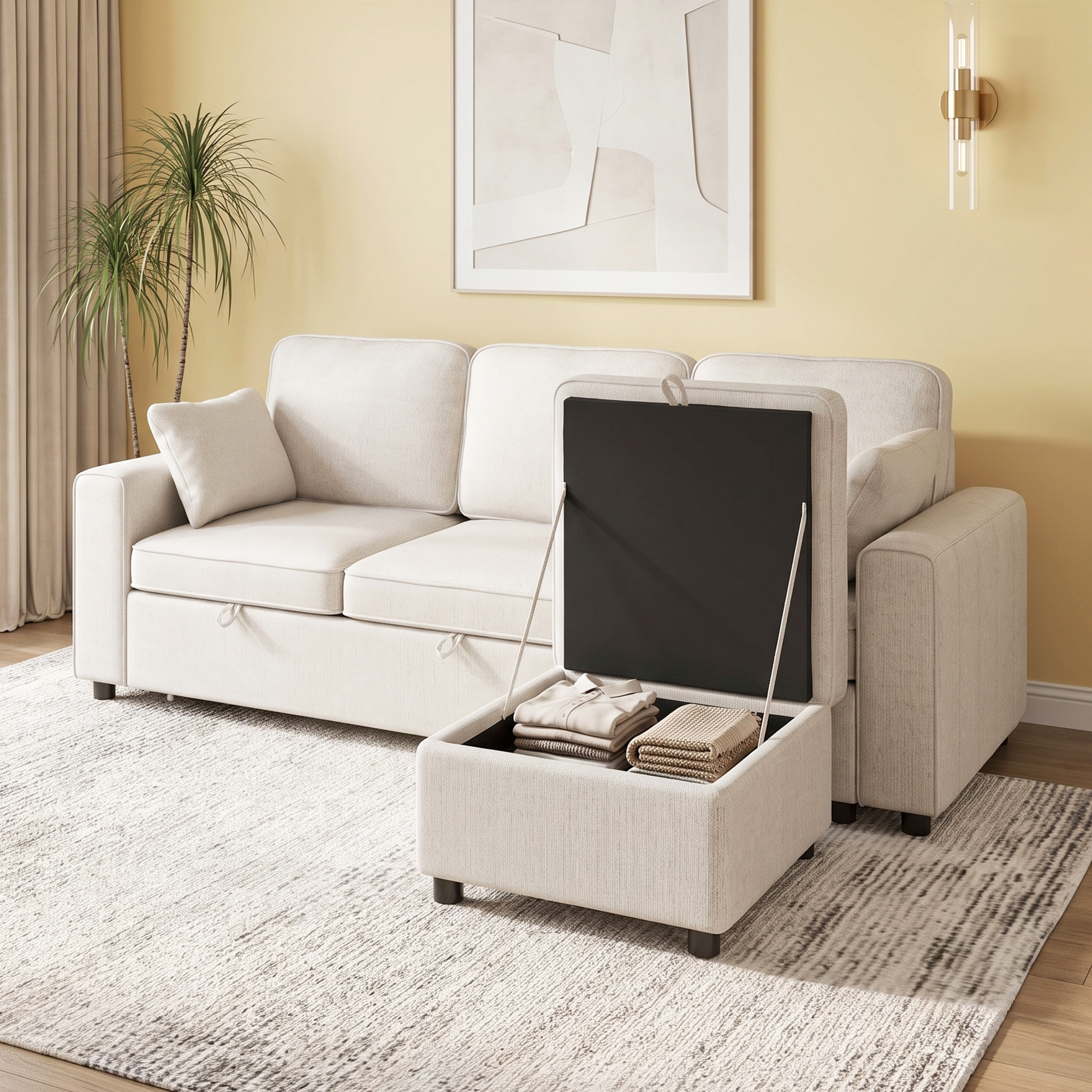 Homcom Divano letto angolare 3 posti in ciniglia con pouf contenitore, beige   Aosom Italy