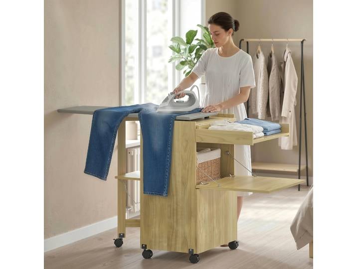 HOMCOM Armoire Table à Repasser Pliable Bois Naturel 154x55x87cm