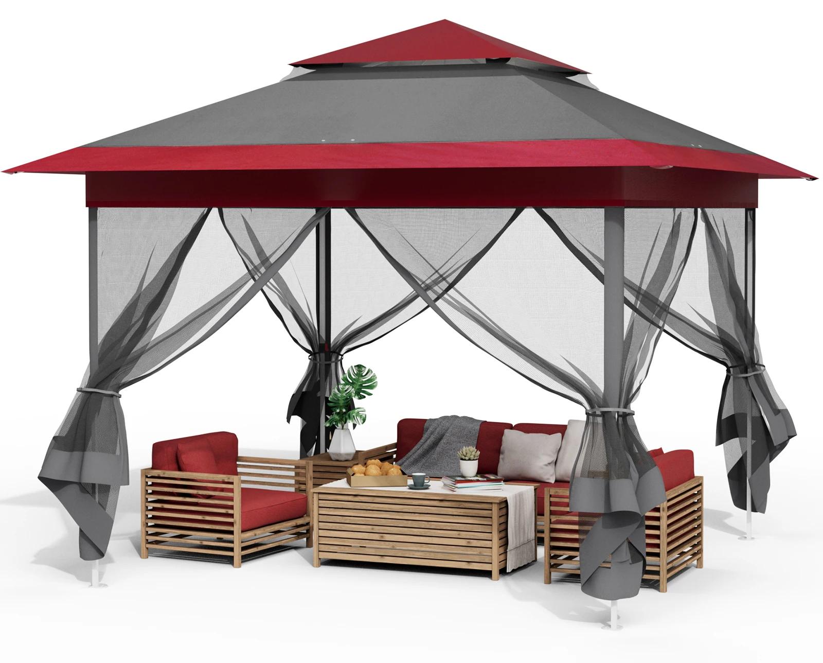 Gartenpavillon - Faltbares Pop up Partyzelt - 3,3 x 3,3 m - Wasserdichtes Oxford-Gewebe - Stahlrahmen - Mit Moskitonetz - Rot/Dunkel