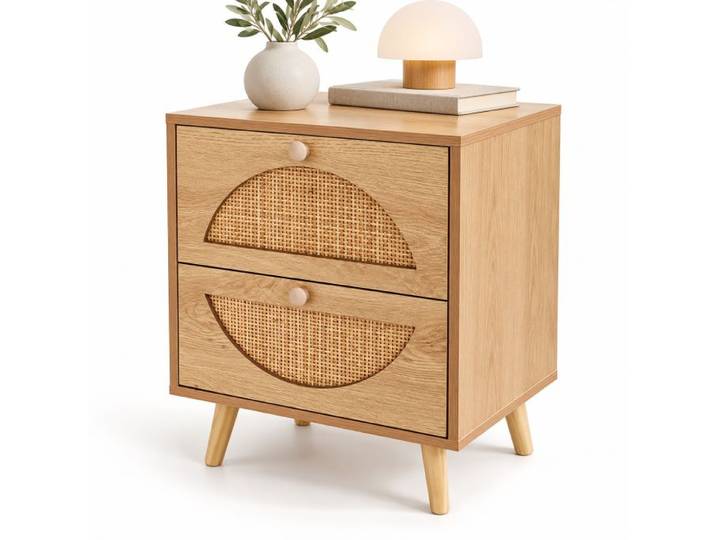 Relaxdays Nachttisch mit Rattan-Halbkreis