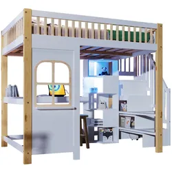 OKWISH Hochbett 140x200 cm mit LED-Leuchten und Schreibtisch – naturnahe Ästhetik und hohe Funktionalität Weiß+Natur