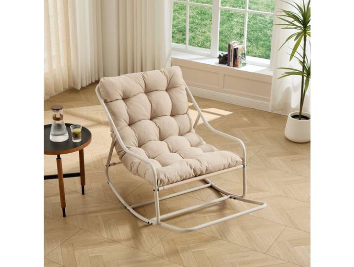 WOVREO Fauteuil à bascule 1 place beige avec coussin épais structure en acier thermolaqué