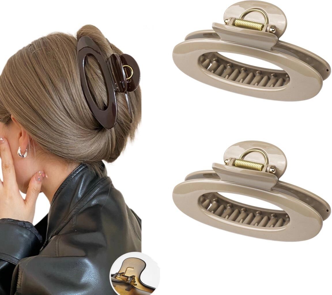 INF Pince à cheveux griffe ovale creuse 2 pièces – PC, dents larges pour cheveux épais, couleurs multiples Kaki
