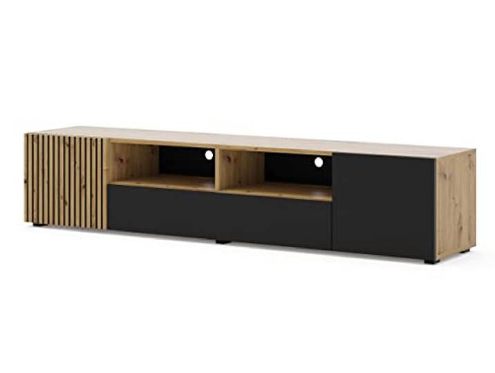 BIM Furniture TV Lowboard AURIS – 200x42x42 cm Stehend Wohnzimmermöbel, Grifflose Fronten, Fernsehtisch mit viel Stauraum, modernes TV Schrank – Eiche Artisan/Schwarz Matt