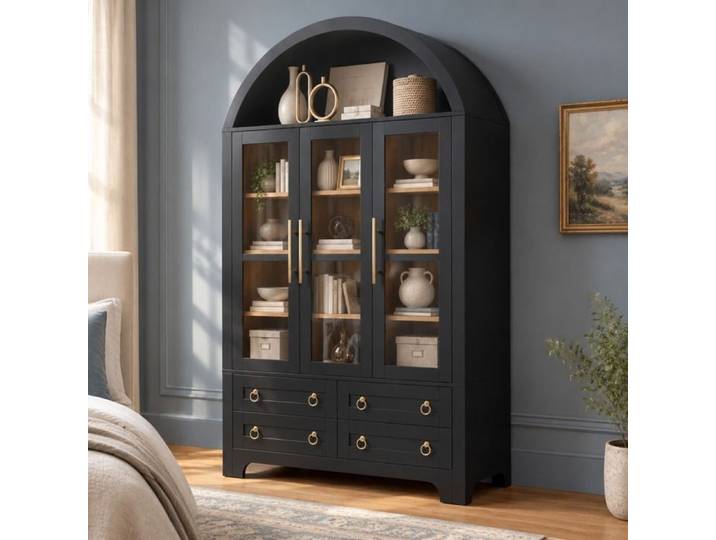 MEUBLIV Buffet haut noir 110 x 40 x 185 cm 3 portes vitrées 4 tiroirs et niche ouverte