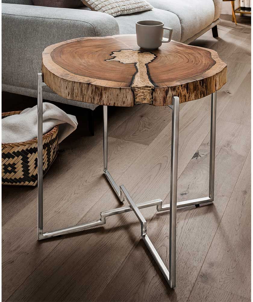 Pharao24.de Beistelltisch Holz Metall im Industry und Loft Stil natürlicher Baumkante