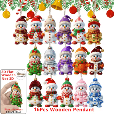 Inspire Picks 16 Piece Snowman Christmas Ornaments Cute Wooden Tree Hanging Decorations 16 Pcs