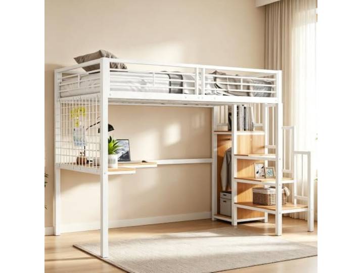 Bellemave Metall‑Hochbett 90 x 200 cm Weiß Mit Schreibtisch, Schrank, Seitentreppe und Handlauf, geeignet für Kinder und Jugendliche