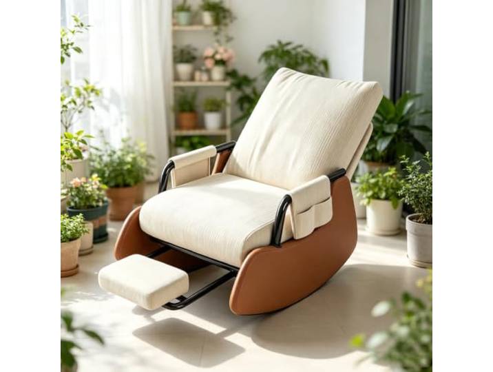 Gemütlicher Schaukelsessel mit Breiter 60cm Sitzfläche Ergonomischer Schaukelstuhl mit ausziehbarer Fußstütze und Seitentasche für tägliche Entspannung.
