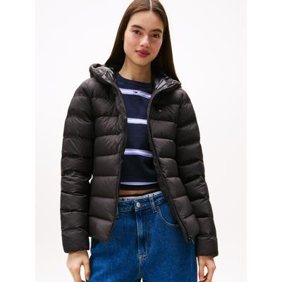 Steppjacke TOMMY JEANS "TJW SLIM HOOD PRNT DOWN JCKT EXT", Damen, Gr. XXL (44), schwarz, Web, Obermaterial: 100% Polyester, unifarben mit Farbeinsätzen, slim fit, Jacken Steppjacke